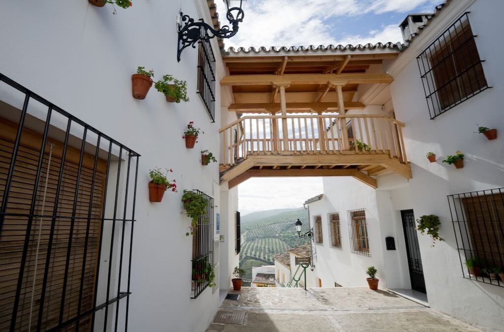 Baena con niños calle típica andaluza con macetas y vistas a olivares