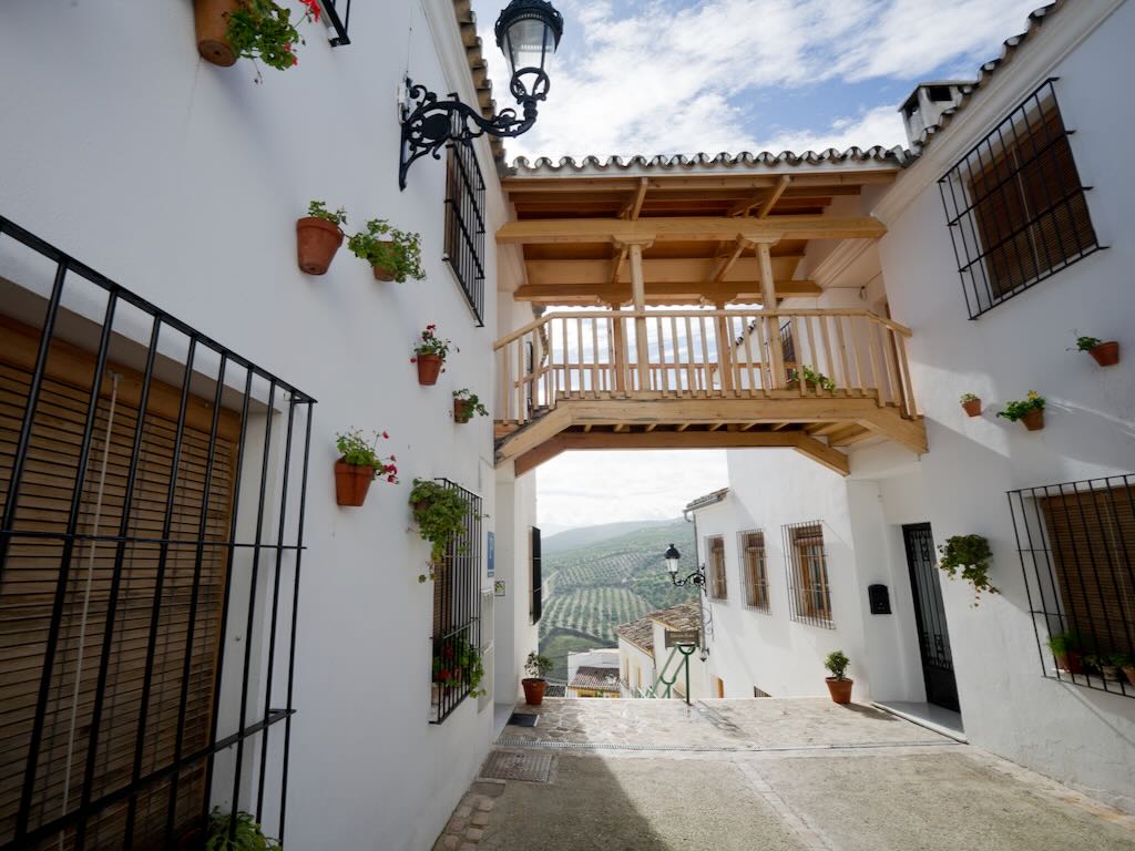 Baena con niños calle típica andaluza con macetas y vistas a olivares